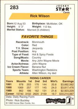 1992 Jockey Star #283 Rick Wilson Back